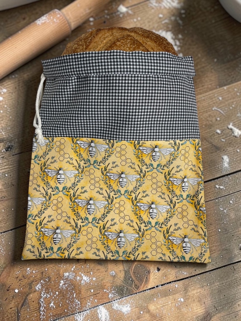 Yellow Bumblebee Bread Bag, Black White Checkered Cotton Bread Bag, Reusable Bag